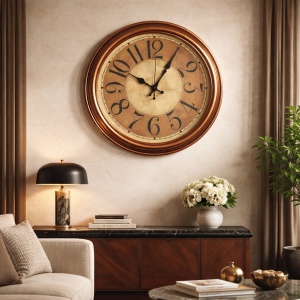 Ceas de perete vintage maro cu cifre mari si design clasic rotund