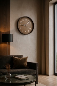Ceas de perete modern rotund cu cadran maro și cifre albe, design minimalist pentru decor interior