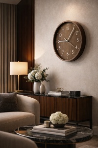 Ceas de perete modern rotund cu cadran maro și cifre albe, design minimalist pentru decor interior