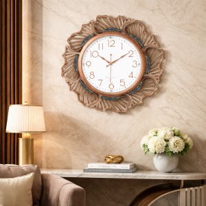 Ceas de perete modern alb cu design floral metalic rose gold