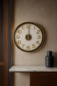 Ceas de perete rotund cu cadran alb și cifre aurii, ideal pentru living modern sau birou elegant
