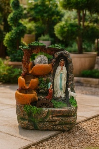fântână decorativă cu statuie a Fecioarei Maria, roată de apă și vase rustice