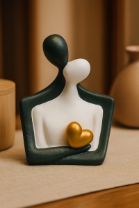 Statuetă artistică modernă, două siluete stilizate ținând o inimă aurie