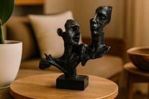 Sculptură decorativă cu două chipuri stilizate, figurină artistică simbolizând dialogul și emoția