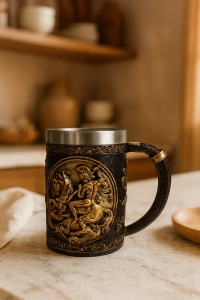 cană decorativă cu detaliu aurit călăreț în luptă, stil medieval