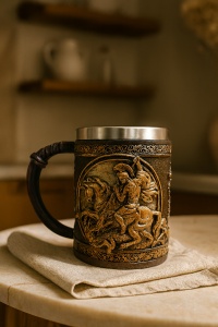 cană decorativă din rășină și metal cu relief reprezentând un cavaler în luptă