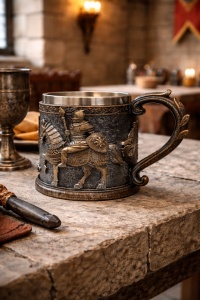 Halba medievala cu cavaler pe cal cana decorativa stil medieval