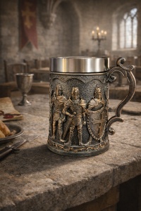 Cana decorativa medievala cu cavaleri in armura si scuturi, model templier vintage