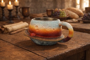 Ceasca decorativa model planeta Saturn, cana ceramica multicolora cu farfurie incorporata