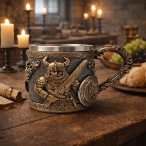 Cana decorativa viking cu razboinic nordic, sabie si scut, model medieval vintage