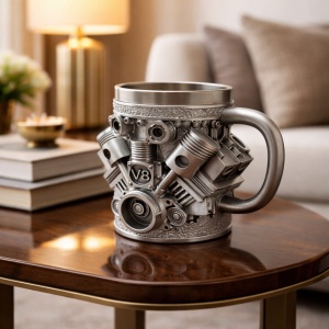 Cana decorativa model motor V8 argintiu, cana tematica auto cu design 3D