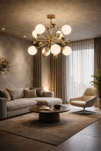 Candelabru modern tip sputnik cu globuri albe și structură metalică aurie