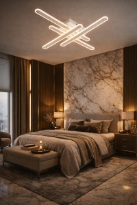 Lustră LED modernă cu bare luminoase încrucișate și design minimalist, iluminând uniform