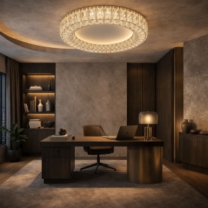 Plafonieră LED rotundă cu cristale, iluminat cald, instalată într-un living modern minimalist