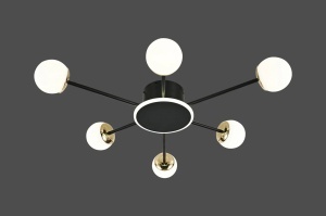 Lustră modernă cu șase globuri luminoase și structură metalică neagră