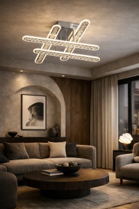 Lustră LED modernă cu bare luminoase și cristale acrilice, perfectă pentru un decor elegant și iluminat uniform în living sau dormitor