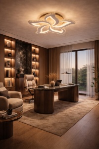 Lustră LED în formă de floare cu design modern și lumină caldă, perfectă pentru un living elegant și minimalist