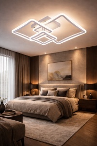 Lustră LED modernă cu forme pătrate suprapuse și contururi luminoase albe, într-un design geometric minimalist