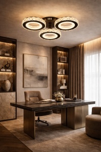Lustră LED modernă cu trei cercuri luminoase și cristal acrilic, ideală pentru iluminat elegant în living sau dormitor