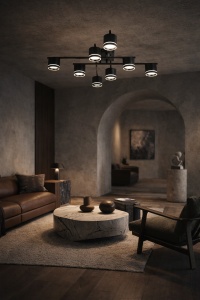 Plafonieră LED modernă cu spoturi direcționabile, design negru mat și accente circulare luminoase