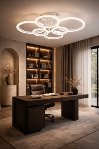Lustră LED modernă cu sase cercuri luminoase suprapuse, realizate din cadru alb cu iluminare integrată