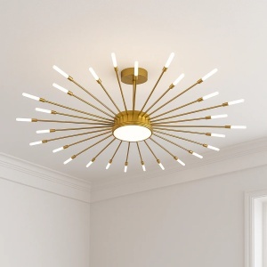 Lustră LED aurie tip raze, cu brațe lungi subțiri dispuse circular și capete luminoase minimaliste