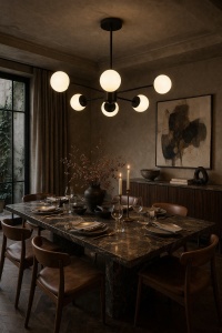 Lustră modernă neagră cu globuri opal, design minimalist pentru iluminat elegant în living sau dormitor