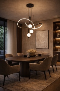 Lustră modernă suspendată cu design abstract, LED integrat și globuri luminoase opal, finisaj negru elegant, ideală pentru living, dining sau interioare contemporane