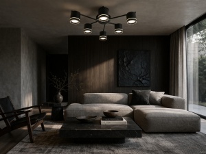 Plafonieră modernă cu spoturi LED orientabile, corp metalic negru și design geometric minimalist