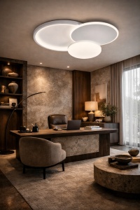 Plafonieră LED modernă cu trei discuri circulare albe și design minimalist