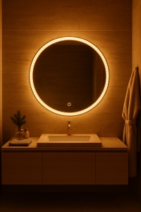 Oglindă rotundă de baie cu LED și ramă acrilică modernă, iluminare rece, caldă și neutră cu touch control