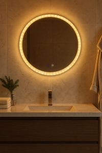Oglindă LED rotundă cu ramă acrylic decorativ, iluminare rece, caldă și neutră, plus funcție anti-aburire