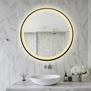 oglindă LED rotundă cu ramă din aluminiu, funcție de dezaburire și trei tipuri de lumină – rece, caldă și neutră
