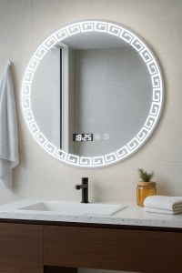 oglindă rotundă cu model geometric, ceas digital și iluminare LED rece, calda si neutra,  pentru baie modernă