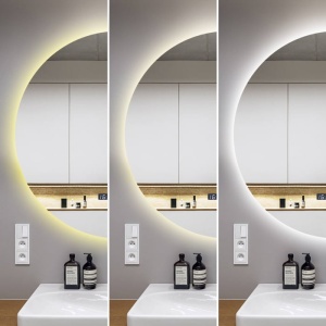 oglindă LED rotunda, moderna,  cu funcție de dezaburire, ceas digital, termometru și trei tipuri de lumină – rece, caldă și neutră