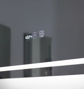 oglindă LED de baie cu ramă din aluminiu, funcție de dezaburire, afișaj digital pentru ceas și termometru, design modern cu colțuri rotunjite