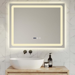 oglindă LED de baie cu funcție de dezaburire, ceas și termometru,design modern