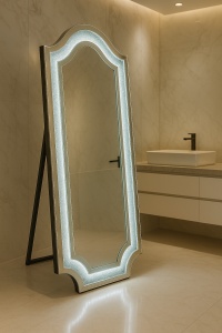 Oglindă de podea cu ramă de sticlă decorată cu strass argintiu și iluminare LED stil modern
