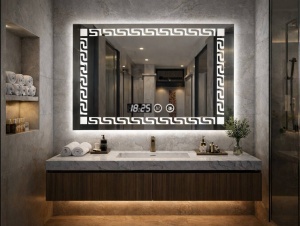 Oglinda baie iluminata LED cu model geometric si ceas digital