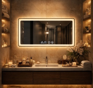 Oglinda LED DECORIALE cu Dezaburire , Ceas si Termometru 80x60cm - "Mirage"