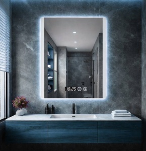 Oglinda baie patrata cu iluminare LED si afisaj digital, design modern minimalist