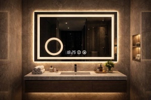 Oglinda baie LED dreptunghiulara cu iluminare si afisaj digital design modern si lupa cosmetica