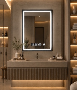 Oglinda baie LED cu rama neagra, afisaj digital si senzor de miscare