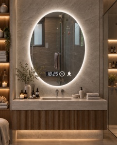Oglinda baie LED ovala cu iluminare integrata, afisaj digital si senzor de miscare