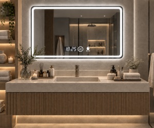 Oglinda moderna pentru baie cu LED, functii smart si senzor de miscare