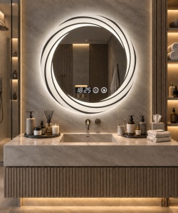 Oglinda baie LED rotunda cu afisaj digital si buton touch, design modern