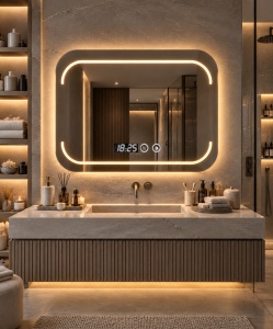Oglinda LED Touch DECORIALE cu Dezaburire , Ceas si Termometru 80x60cm - "Cevoris"