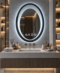 Oglinda baie LED ovala verticala cu afisaj digital si buton touch, design modern