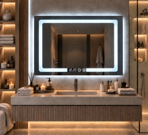 Oglinda baie dreptunghiulara cu LED, display digital si functie touch