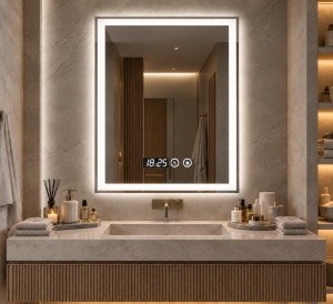 Oglinda baie dreptunghiulara cu LED, display digital si functie touch